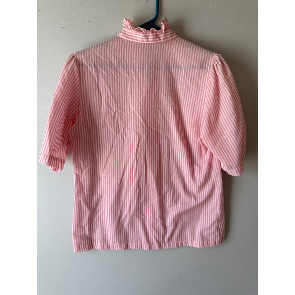 Vintage Honors Pink White Striped Ruffle Neck Puff Sleeve Blouse Top Size 11/12 - Picture 6 of 7